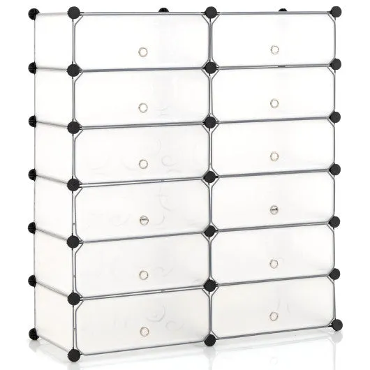 12-Cube DIY Portable Plastic Shoe Rack with Transparent Doors-White