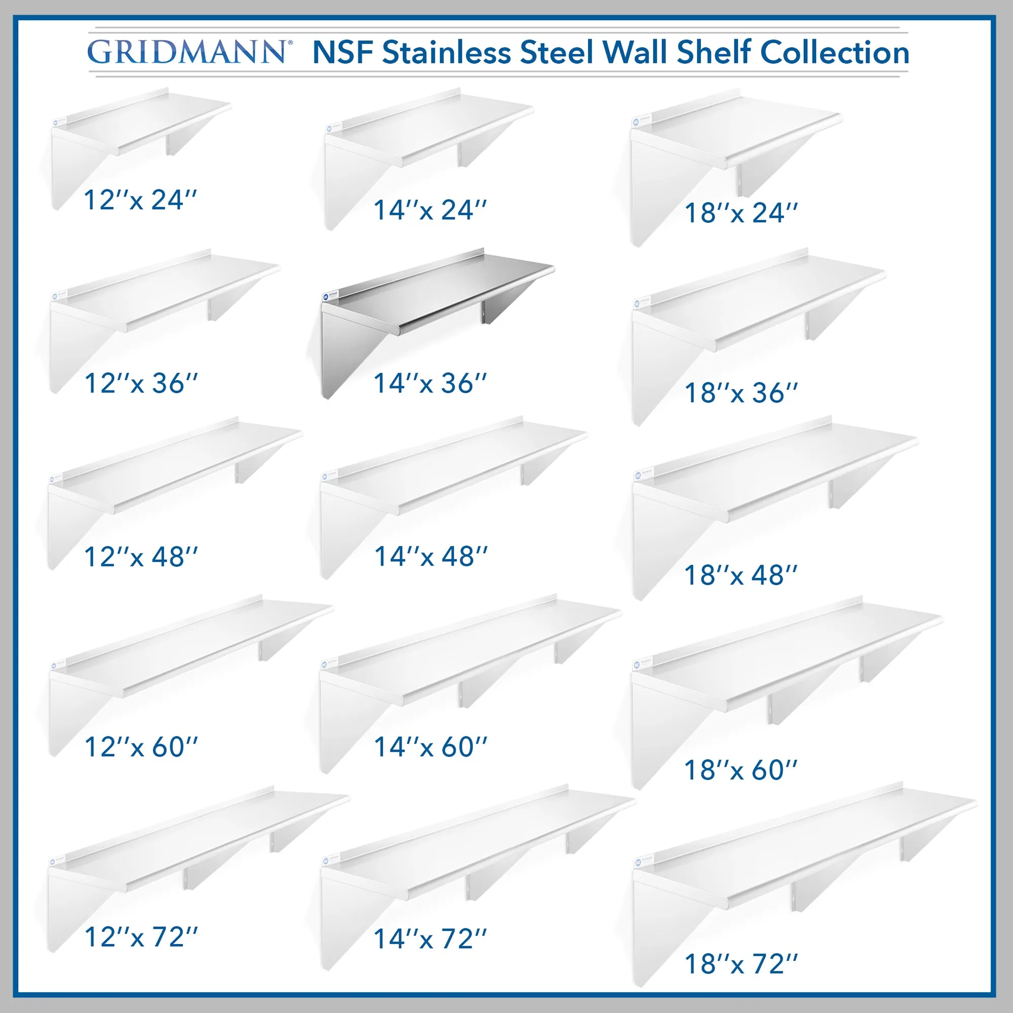 14-Inch Deep Stainless Steel Wall-Mount Shelves, NSF Certified