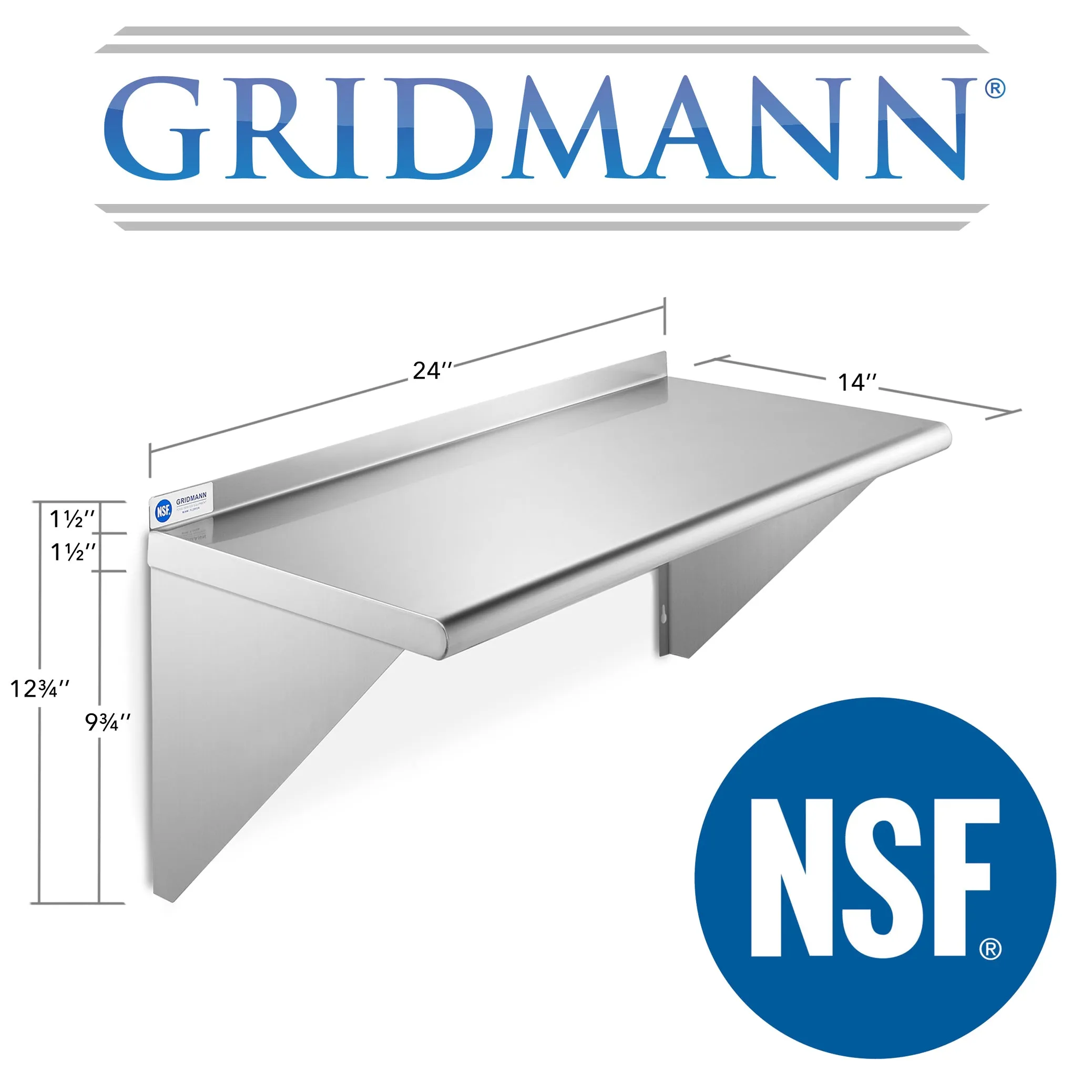 14-Inch Deep Stainless Steel Wall-Mount Shelves, NSF Certified