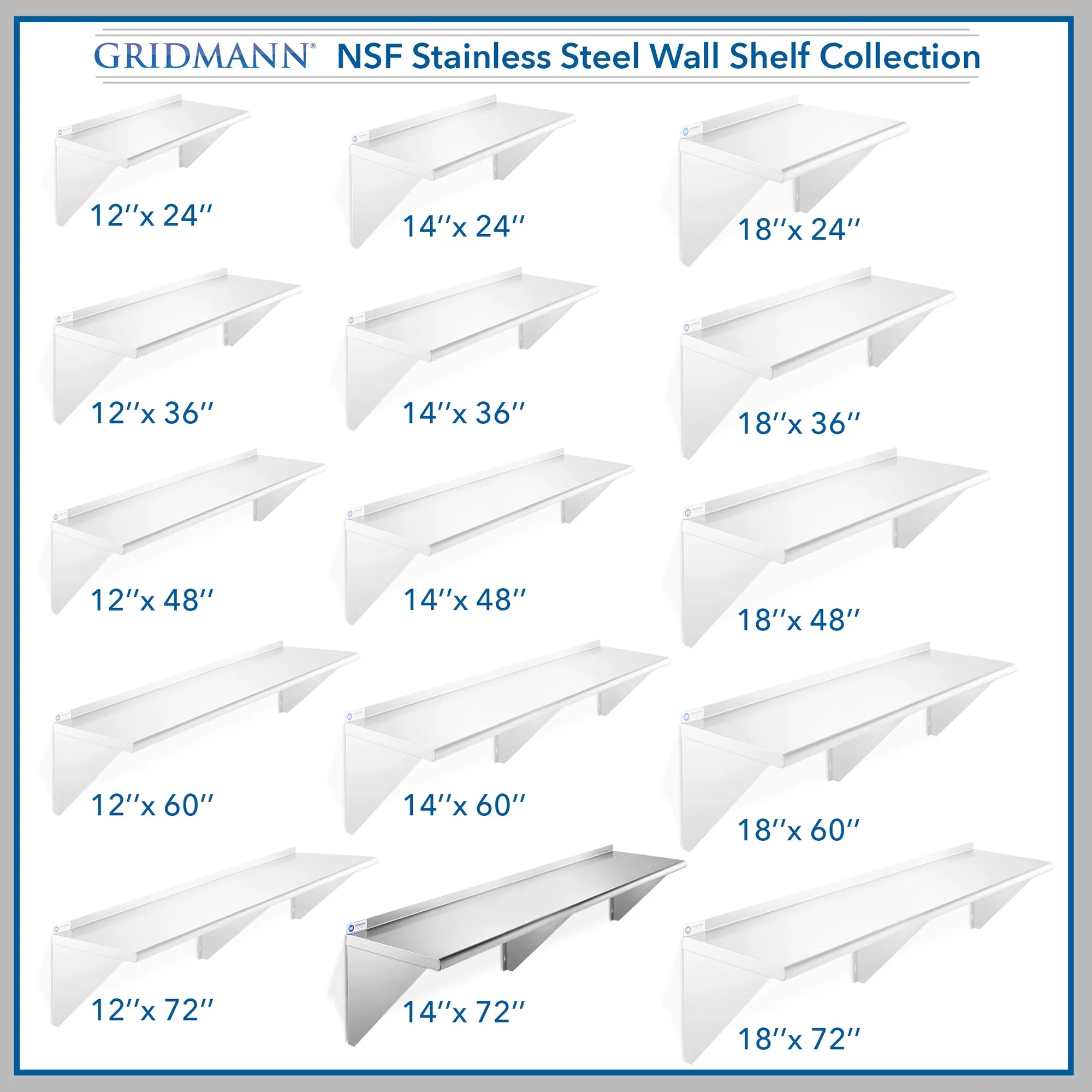 14-Inch Deep Stainless Steel Wall-Mount Shelves, NSF Certified