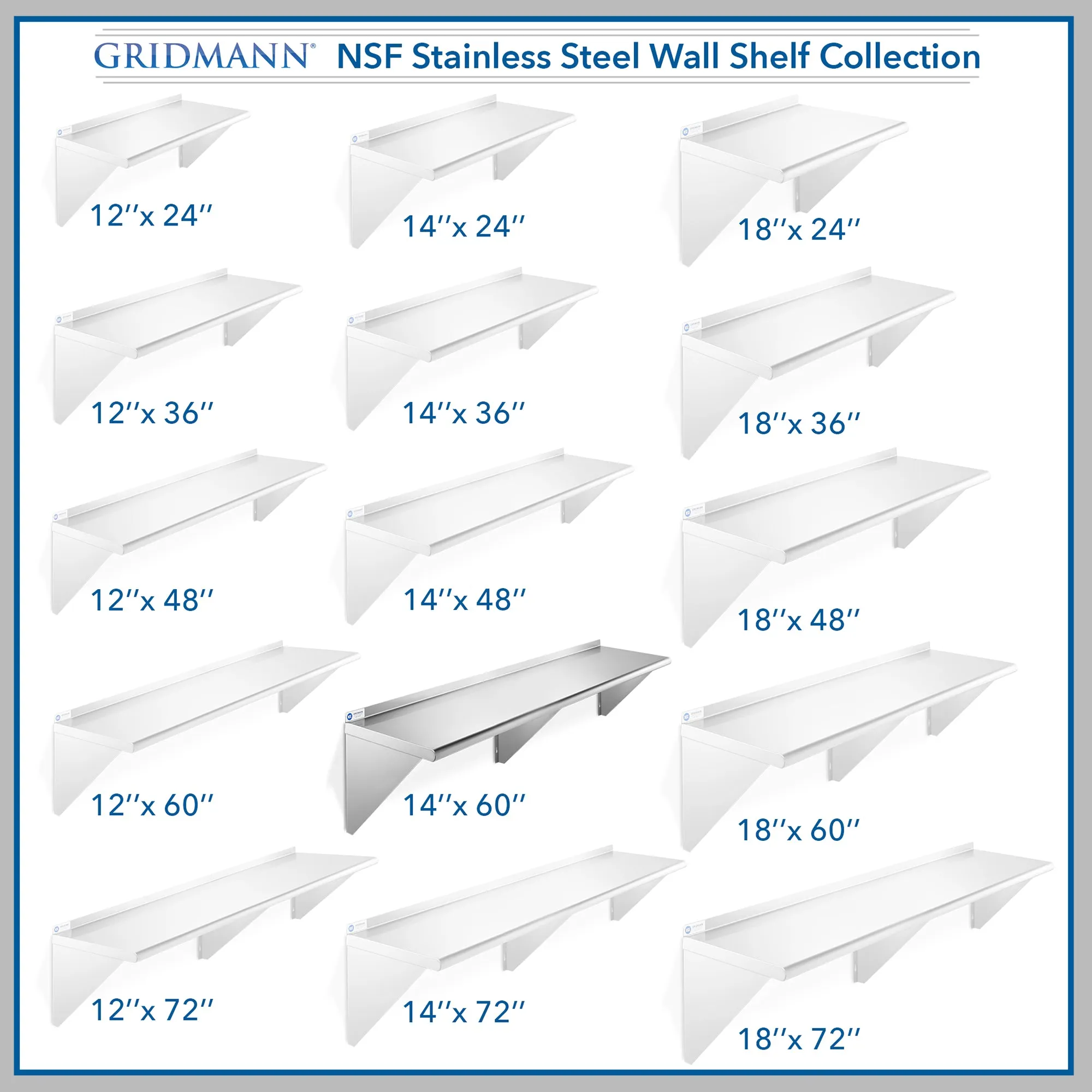 14-Inch Deep Stainless Steel Wall-Mount Shelves, NSF Certified
