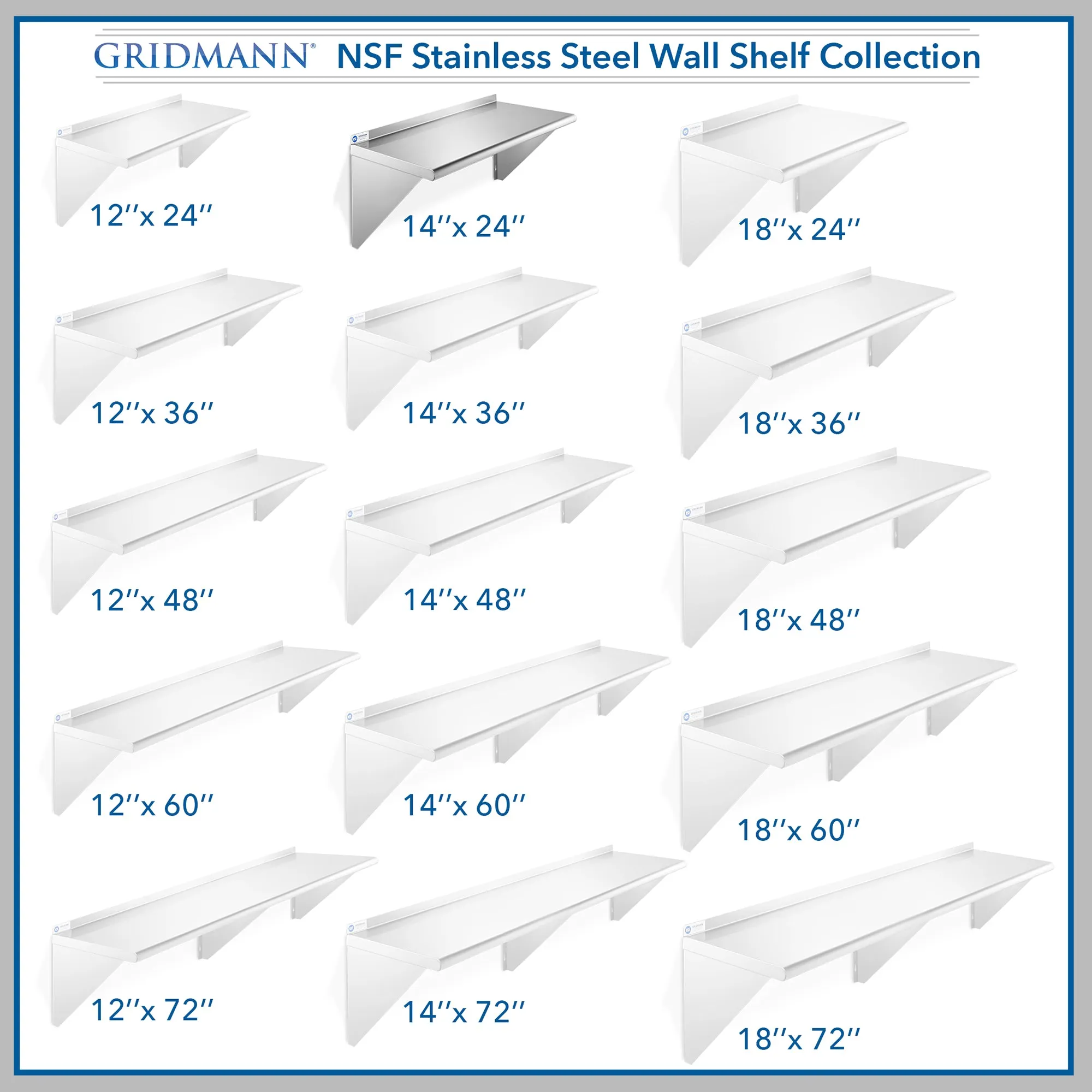 14-Inch Deep Stainless Steel Wall-Mount Shelves, NSF Certified