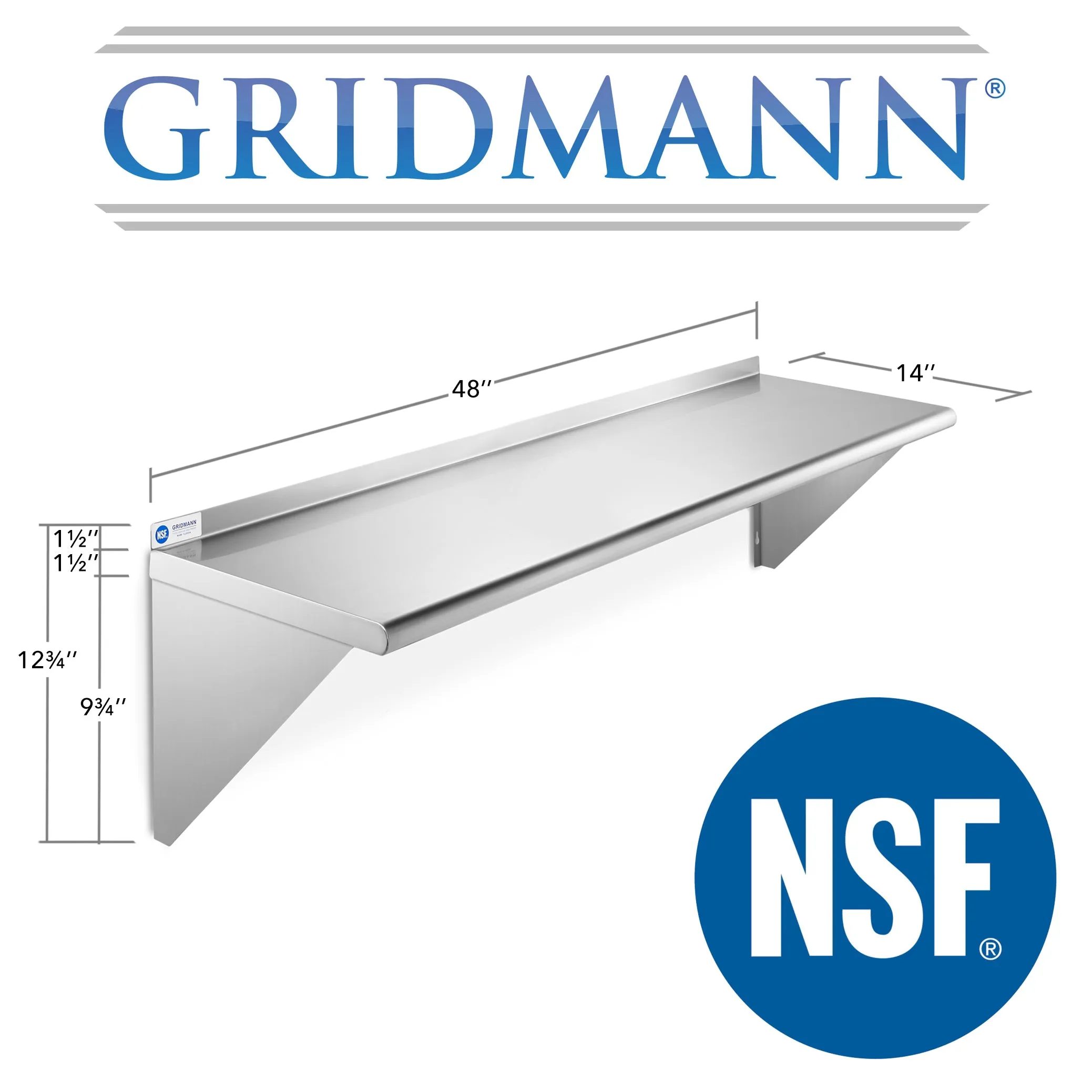 14-Inch Deep Stainless Steel Wall-Mount Shelves, NSF Certified