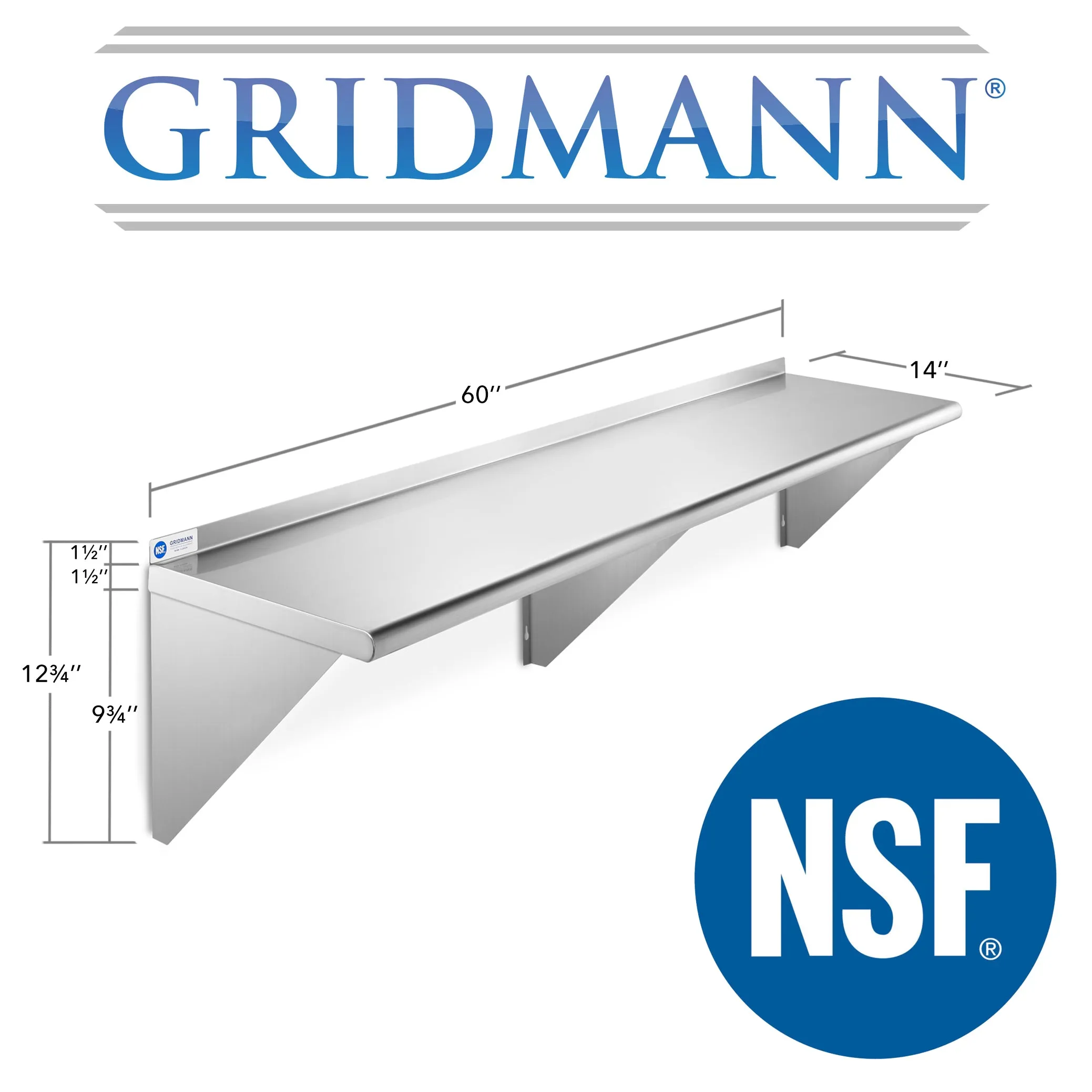14-Inch Deep Stainless Steel Wall-Mount Shelves, NSF Certified