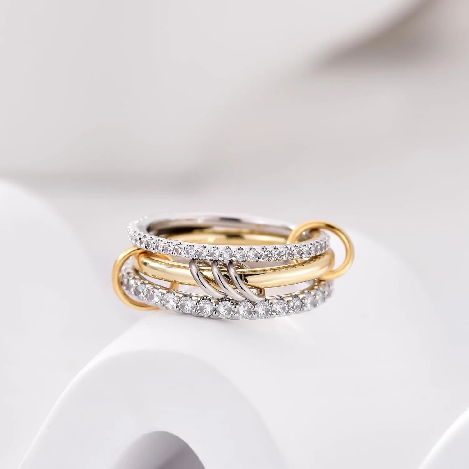 14K Gold Plated Interlocked Stackable Rings for Women Non Tarnish,Gold and Silver Cubic Zirconia Statement Rings Set,Mixed Metals Ring Two-Toned Connected Bands Stacking Jewelry