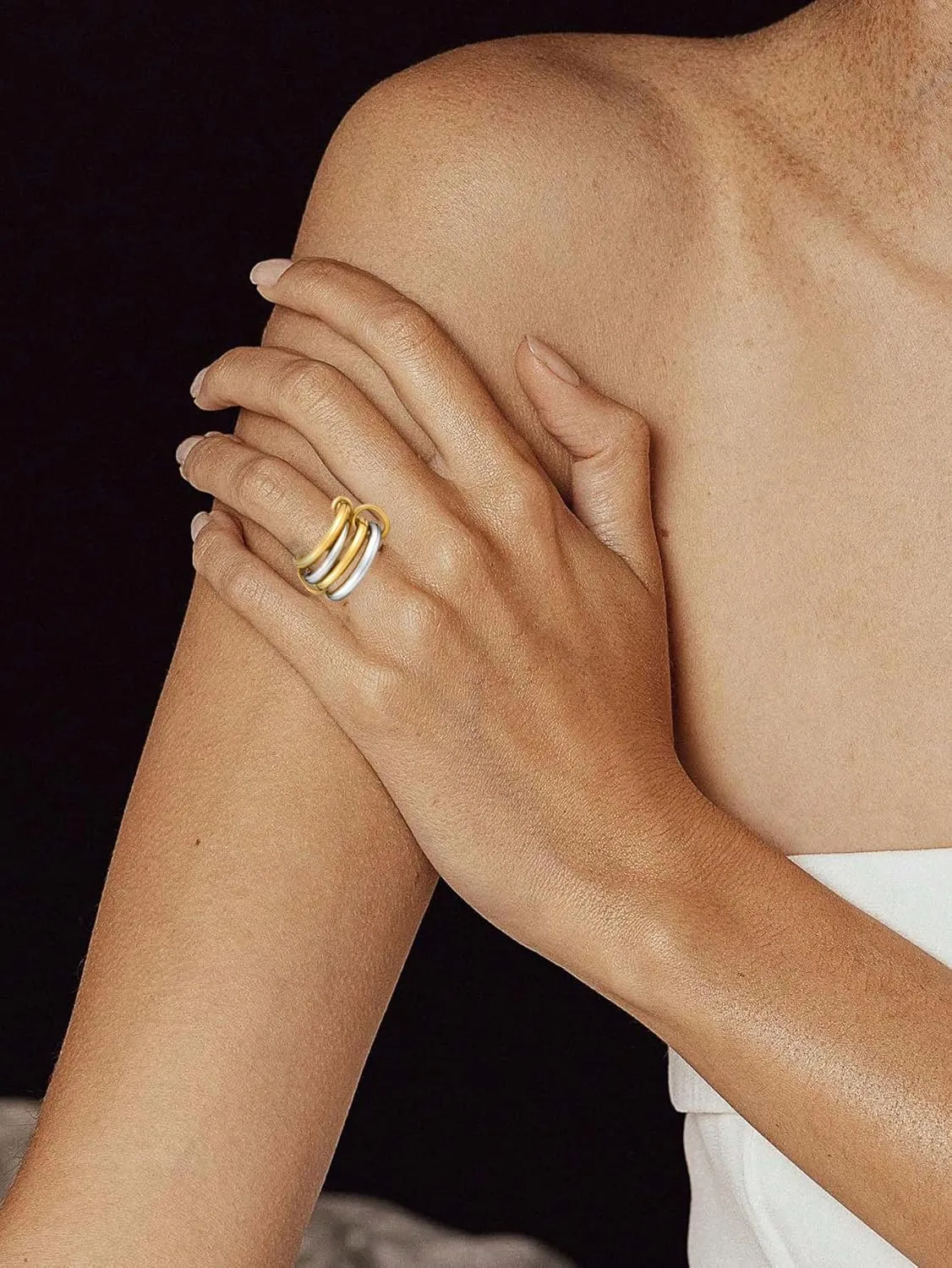 14K Gold Plated Interlocked Stackable Rings for Women, Statement Multi Ring Mixed Metals Stack, Two-Toned interlocking rings Stacking Jewelry