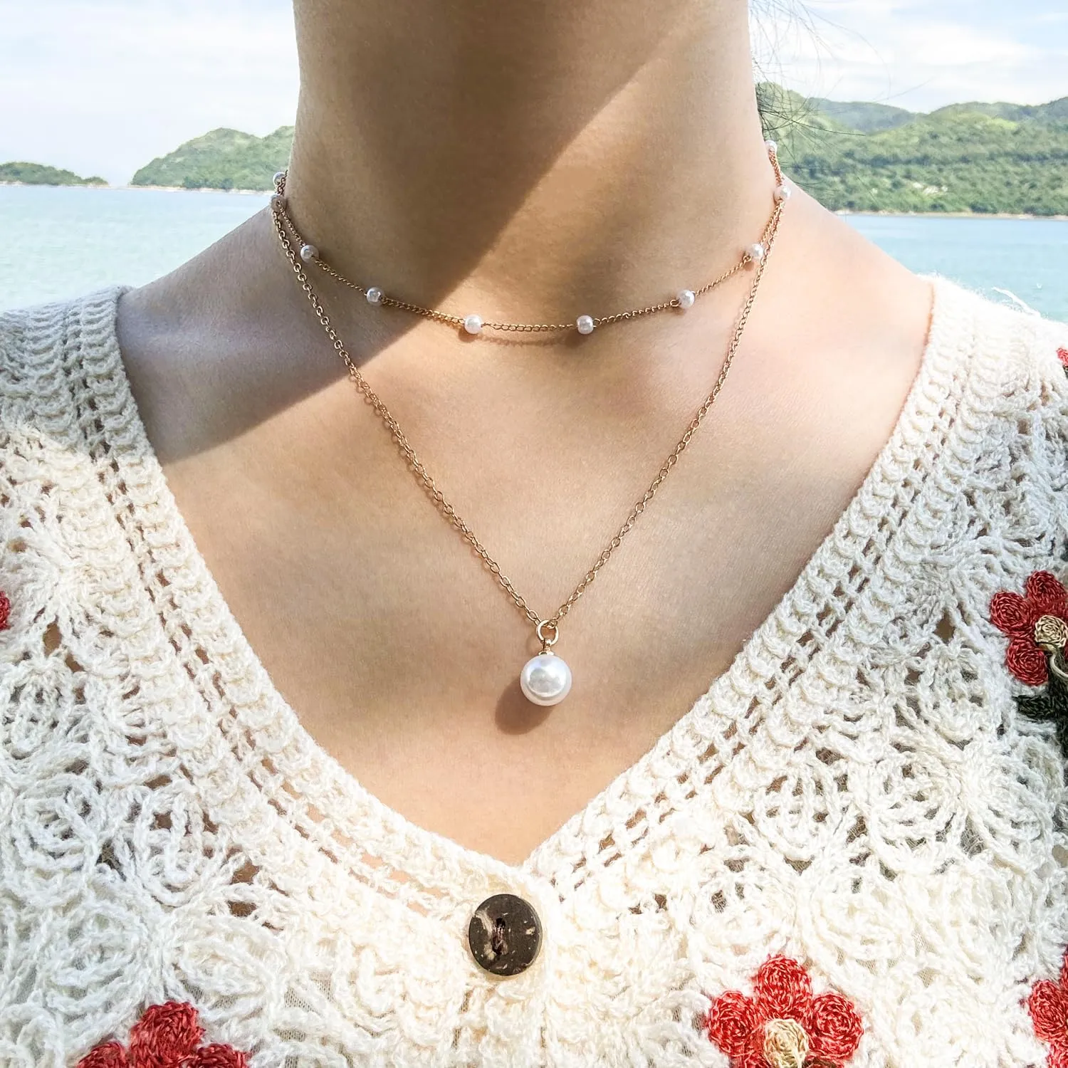 14K Gold Plated Pearl Necklaces for Women Dainty Layered Pearl Pendant Necklace Simple Pearl Jewelry Gift for Her