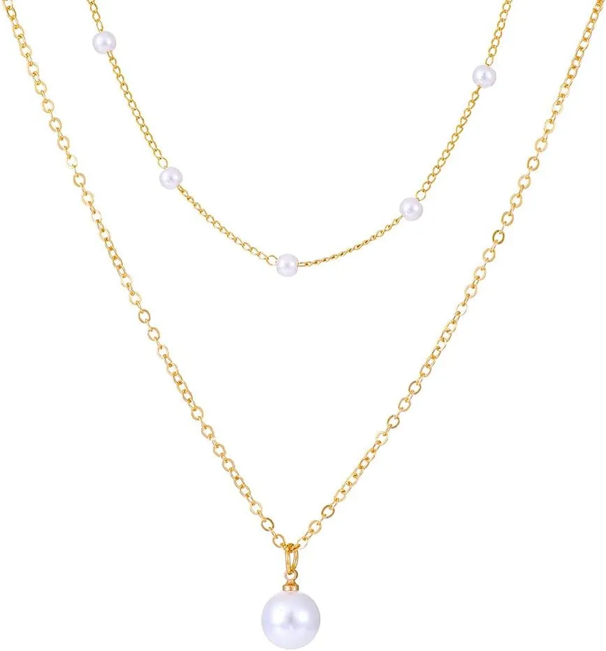 14K Gold Plated Pearl Necklaces for Women Dainty Layered Pearl Pendant Necklace Simple Pearl Jewelry Gift for Her