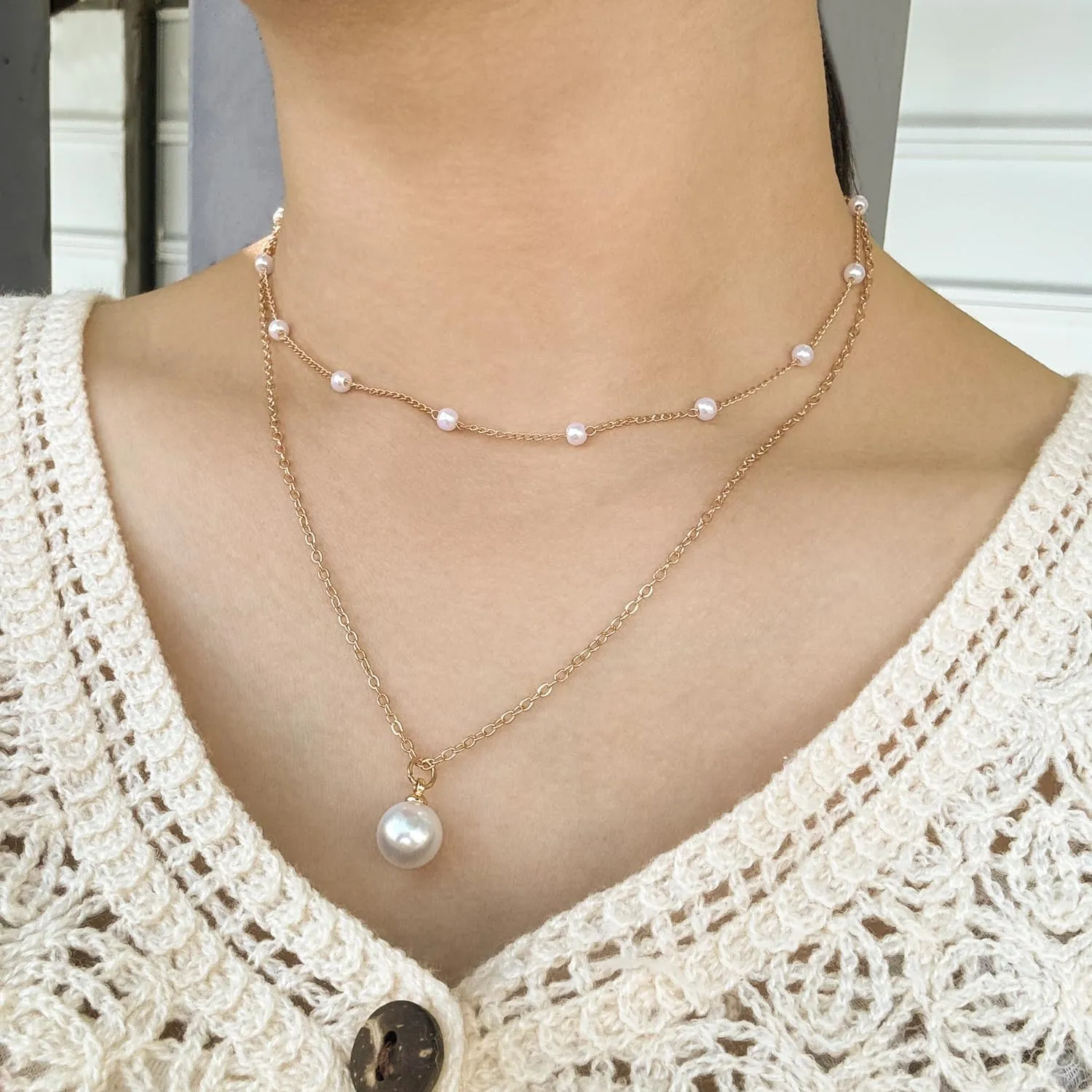 14K Gold Plated Pearl Necklaces for Women Dainty Layered Pearl Pendant Necklace Simple Pearl Jewelry Gift for Her
