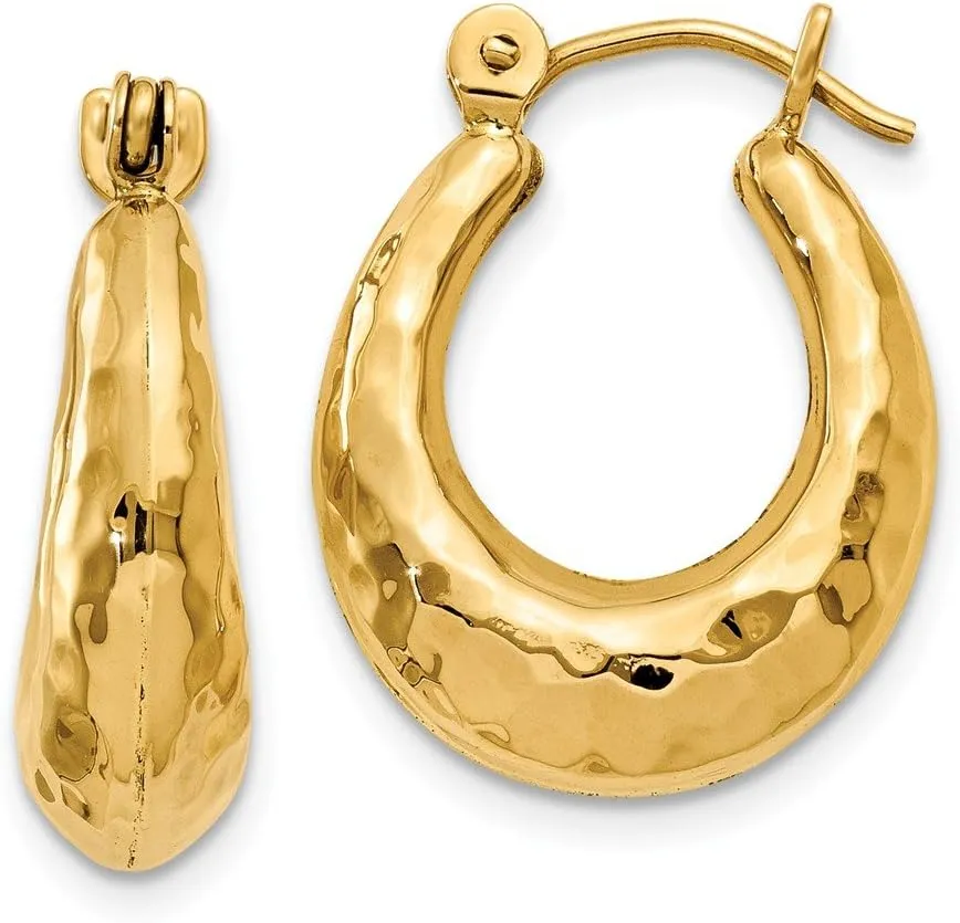 14K Yellow Gold Hammered Fancy Hollow Hoop Earrings