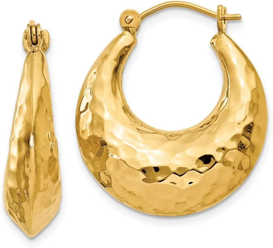 14k Yellow Gold Hammered Hoop Puffed Shrimp Earrings - 11mm x 6mm