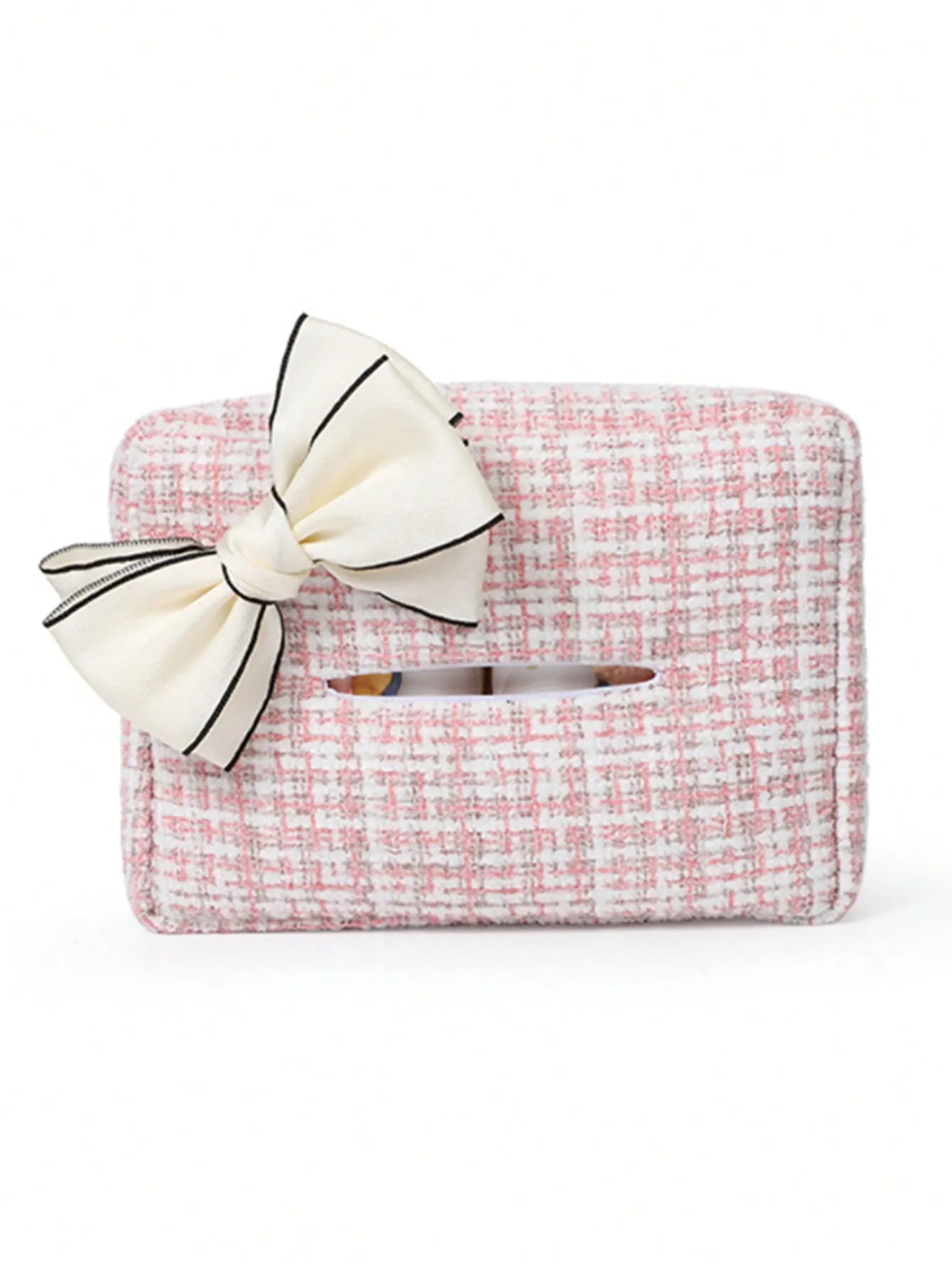 1pc Bow Decor Plaid Pattern Car Tissue Box