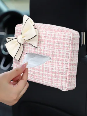 1pc Bow Decor Plaid Pattern Car Tissue Box