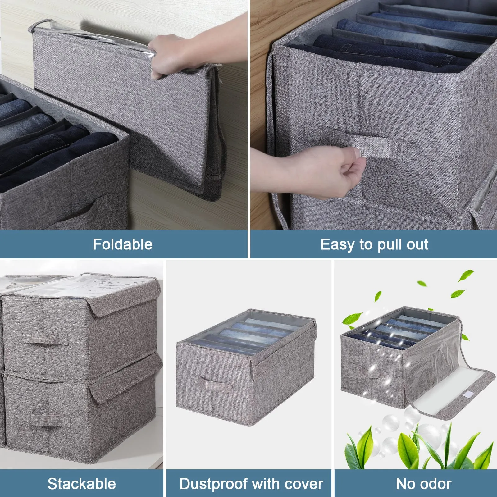 2Pcs Fabric Closet Organizers and Storage Bins with Clear Lid - Wardrobe Clothes Closet Organizer,drawer organizers for clothing,Jeans Pants Sweater Underwear Organizers for Closet(5 8Grids)
