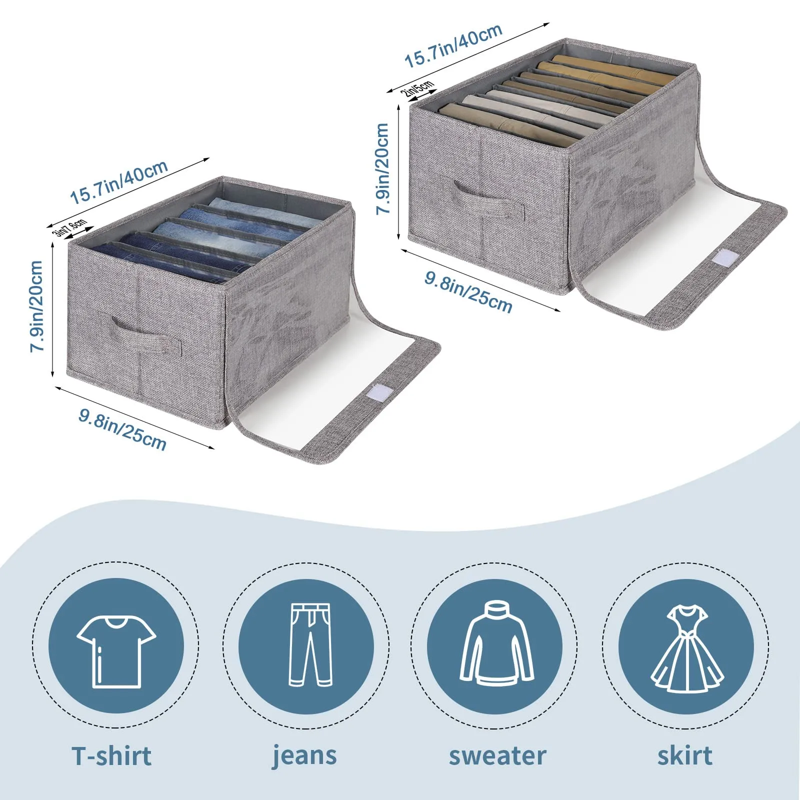 2Pcs Fabric Closet Organizers and Storage Bins with Clear Lid - Wardrobe Clothes Closet Organizer,drawer organizers for clothing,Jeans Pants Sweater Underwear Organizers for Closet(5 8Grids)