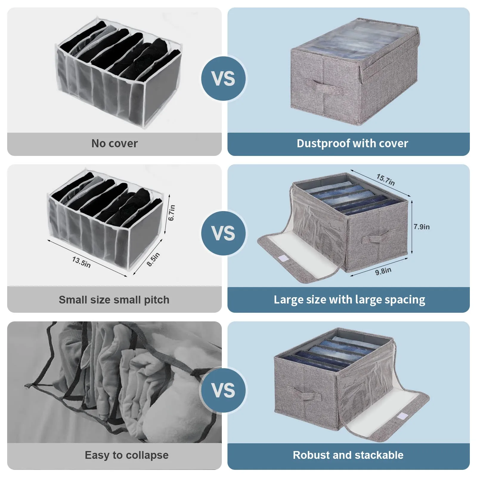 2Pcs Fabric Closet Organizers and Storage Bins with Clear Lid - Wardrobe Clothes Closet Organizer,drawer organizers for clothing,Jeans Pants Sweater Underwear Organizers for Closet(5 8Grids)