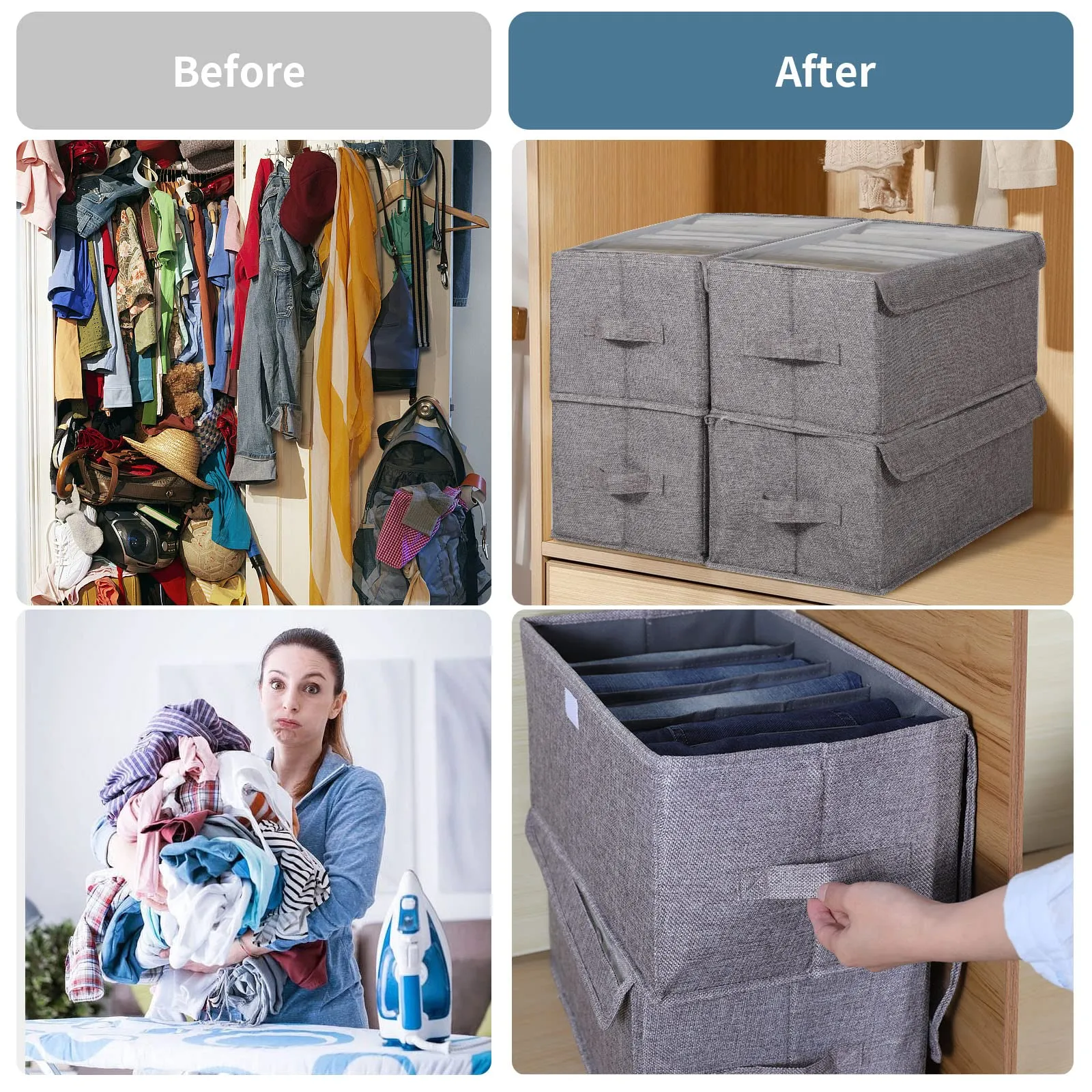 2Pcs Fabric Closet Organizers and Storage Bins with Clear Lid - Wardrobe Clothes Closet Organizer,drawer organizers for clothing,Jeans Pants Sweater Underwear Organizers for Closet(5 8Grids)