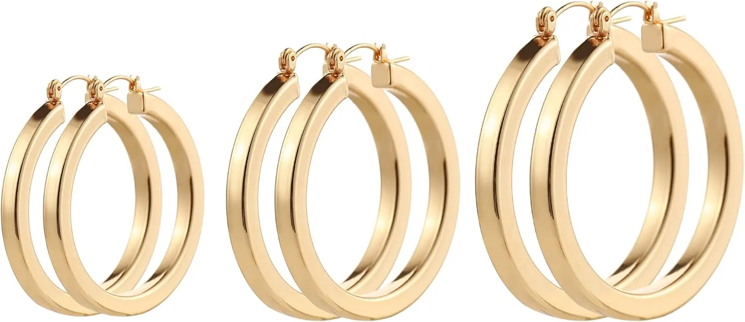 3 Pairs Big Chunky Gold Hoop Earrings Set for Women, Hypoallergenic 14K Gold Plated Thick Open Twisted Hoops Jewelry for Christmas Gifts
