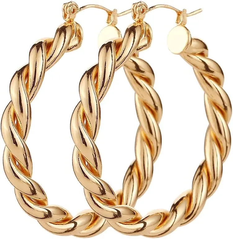 3 Pairs Big Chunky Gold Hoop Earrings Set for Women, Hypoallergenic 14K Gold Plated Thick Open Twisted Hoops Jewelry for Christmas Gifts
