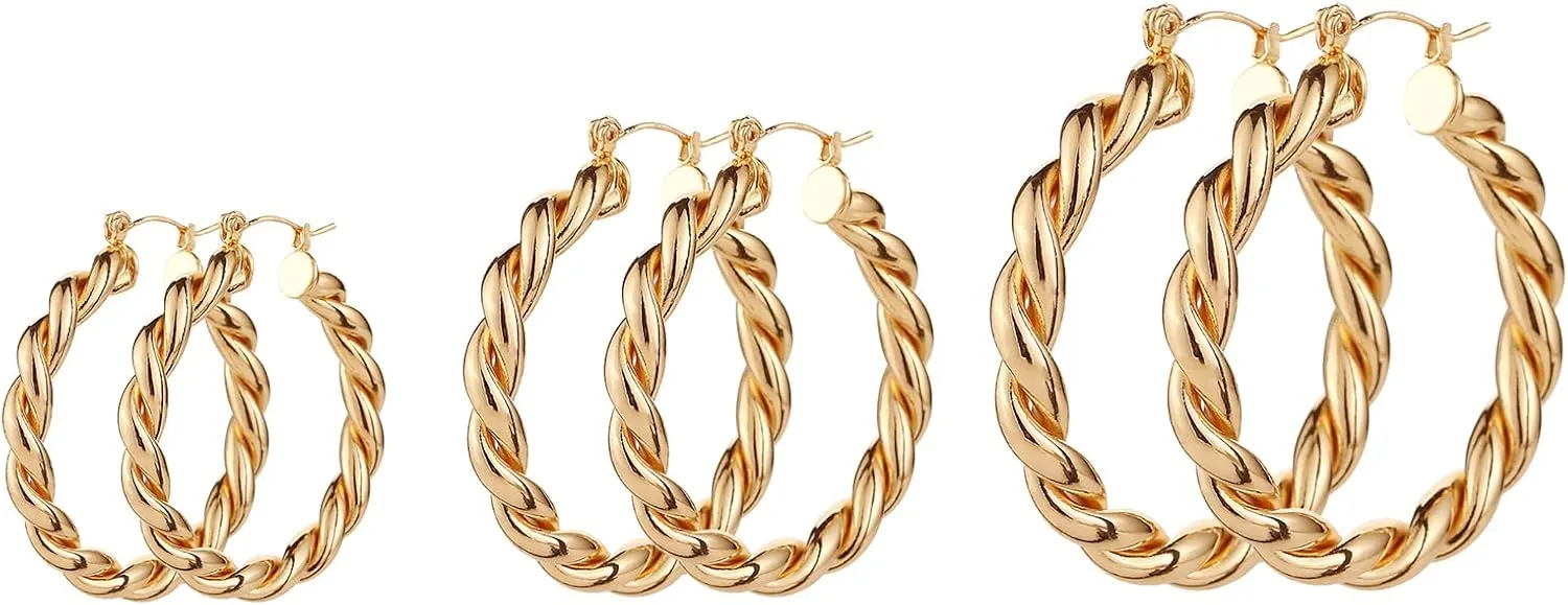 3 Pairs Big Chunky Gold Hoop Earrings Set for Women, Hypoallergenic 14K Gold Plated Thick Open Twisted Hoops Jewelry for Christmas Gifts