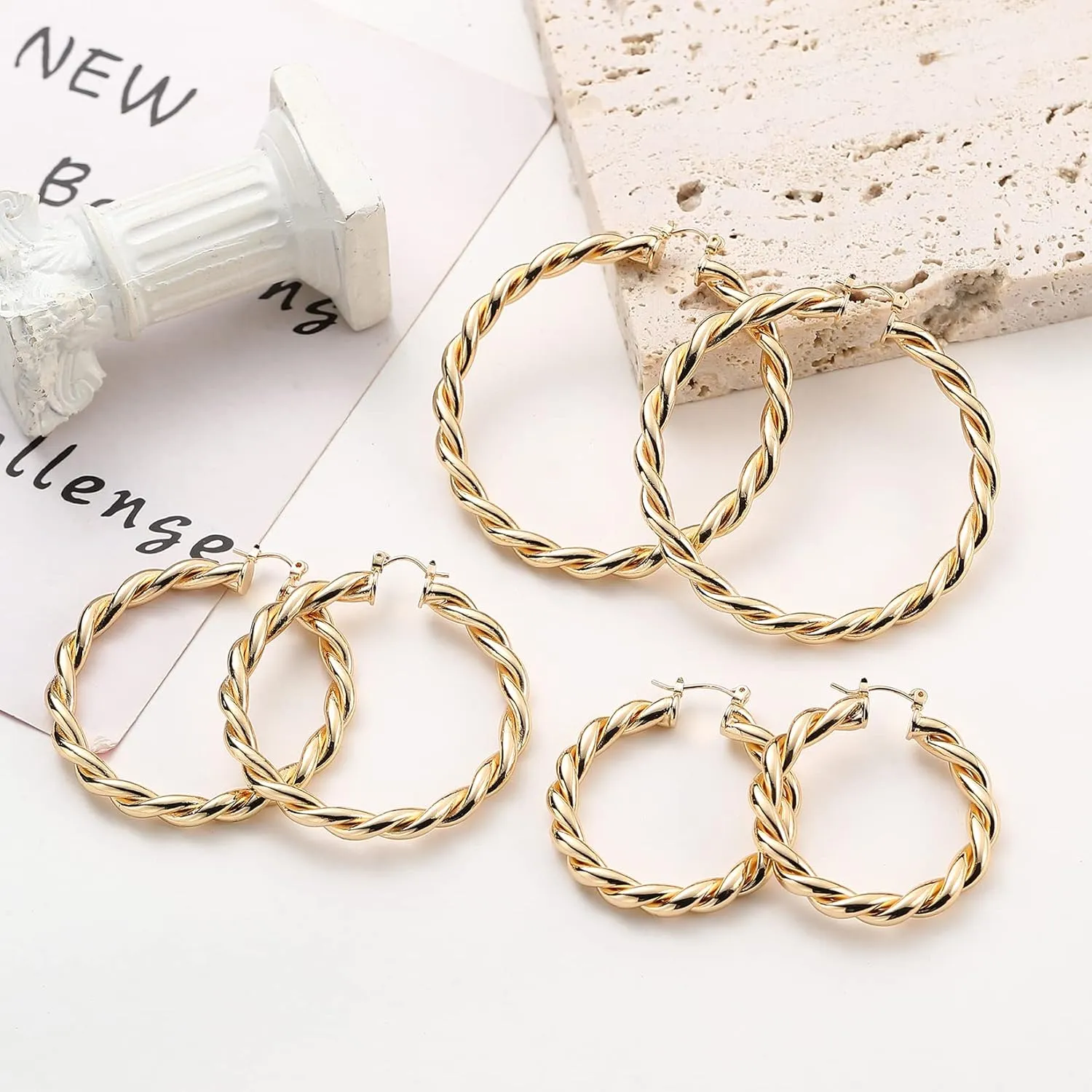 3 Pairs Big Chunky Gold Hoop Earrings Set for Women, Hypoallergenic 14K Gold Plated Thick Open Twisted Hoops Jewelry for Christmas Gifts