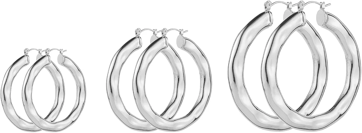 3 Pairs Big Chunky Gold Hoop Earrings Set for Women, Hypoallergenic 14K Gold Plated Thick Open Twisted Hoops Jewelry for Christmas Gifts