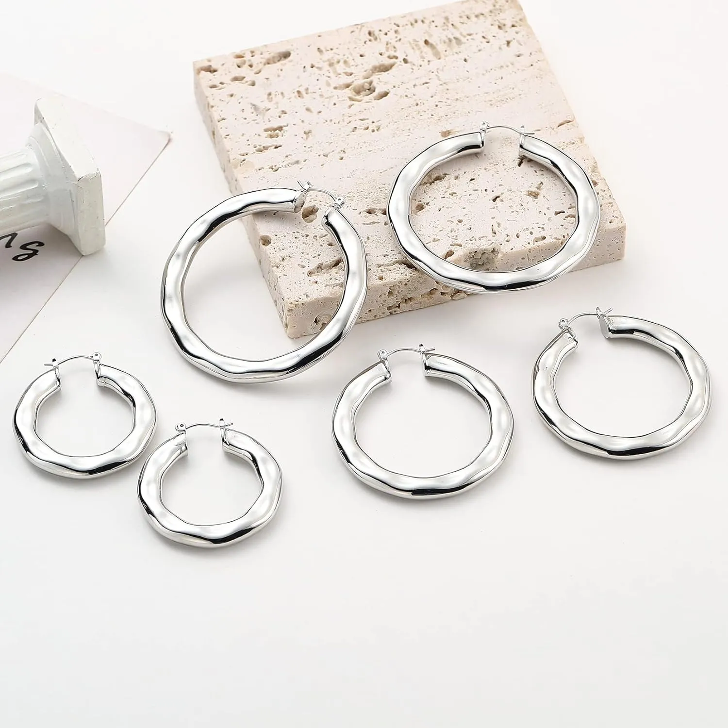 3 Pairs Big Chunky Gold Hoop Earrings Set for Women, Hypoallergenic 14K Gold Plated Thick Open Twisted Hoops Jewelry for Christmas Gifts