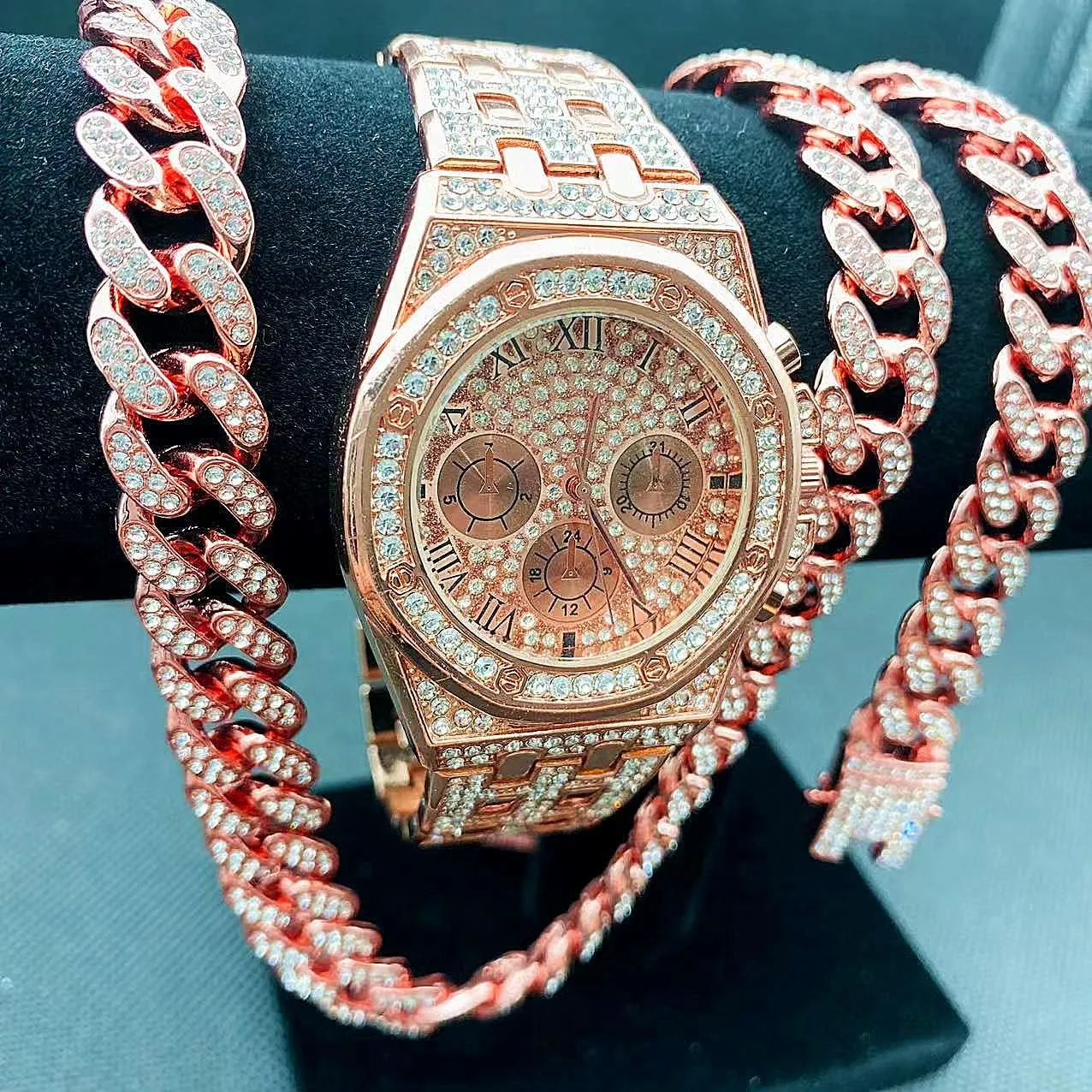 3PC Necklace Bracelet Watch Hip Hop Jewelry Set Iced Out Bling Cuban Link Chain Men's Watches Rock Rapper Diamond Club Rapper Jewelry Gold Chain Charm Choker