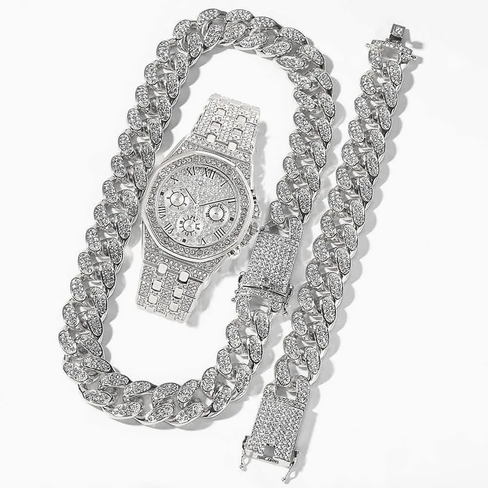 3PC Necklace Bracelet Watch Hip Hop Jewelry Set Iced Out Bling Cuban Link Chain Men's Watches Rock Rapper Diamond Club Rapper Jewelry Gold Chain Charm Choker