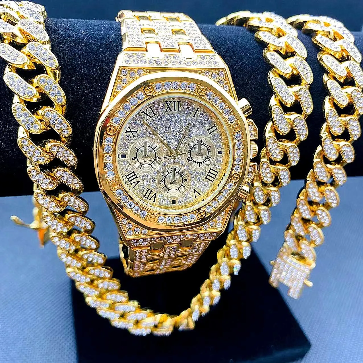 3PC Necklace Bracelet Watch Hip Hop Jewelry Set Iced Out Bling Cuban Link Chain Men's Watches Rock Rapper Diamond Club Rapper Jewelry Gold Chain Charm Choker