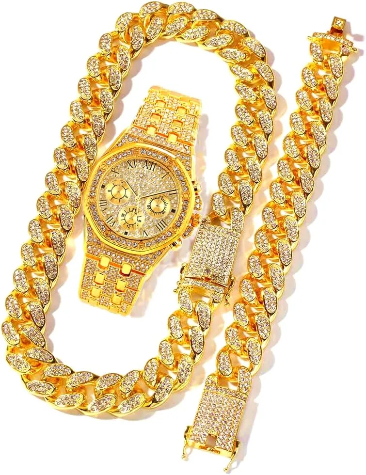 3PC Necklace Bracelet Watch Hip Hop Jewelry Set Iced Out Bling Cuban Link Chain Men's Watches Rock Rapper Diamond Club Rapper Jewelry Gold Chain Charm Choker