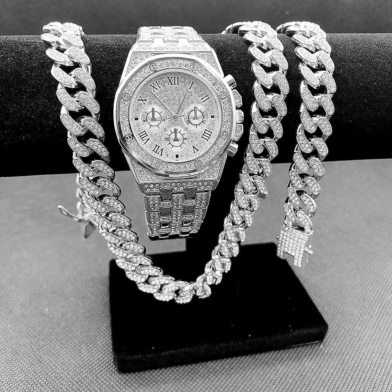 3PC Necklace Bracelet Watch Hip Hop Jewelry Set Iced Out Bling Cuban Link Chain Men's Watches Rock Rapper Diamond Club Rapper Jewelry Gold Chain Charm Choker