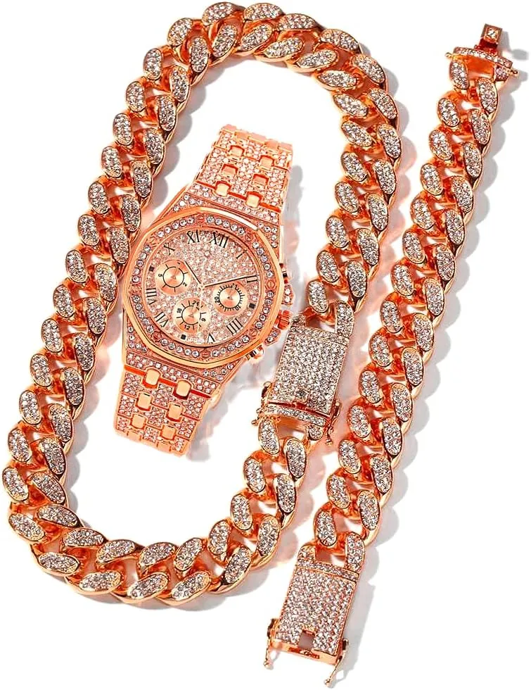3PC Necklace Bracelet Watch Hip Hop Jewelry Set Iced Out Bling Cuban Link Chain Men's Watches Rock Rapper Diamond Club Rapper Jewelry Gold Chain Charm Choker