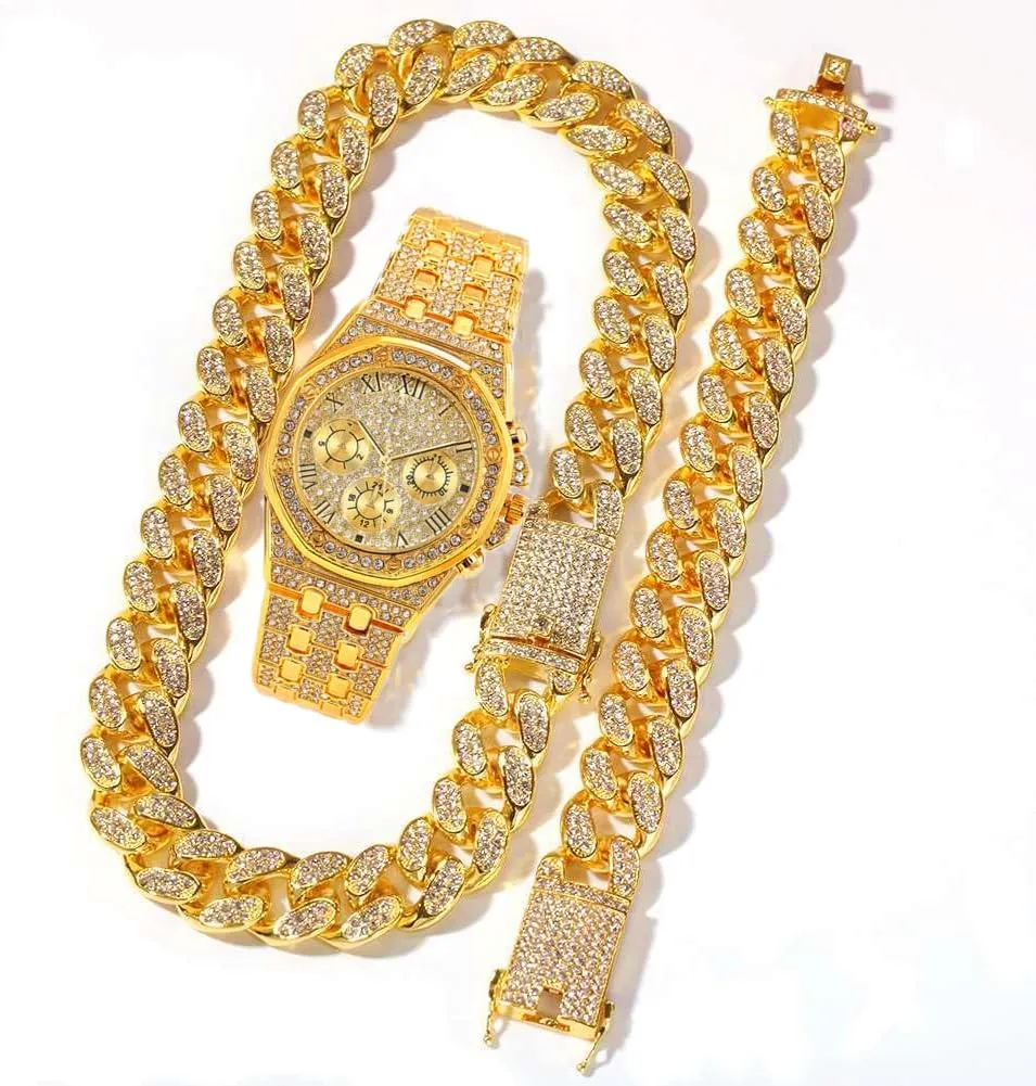 3PC Necklace Bracelet Watch Hip Hop Jewelry Set Iced Out Bling Cuban Link Chain Men's Watches Rock Rapper Diamond Club Rapper Jewelry Gold Chain Charm Choker