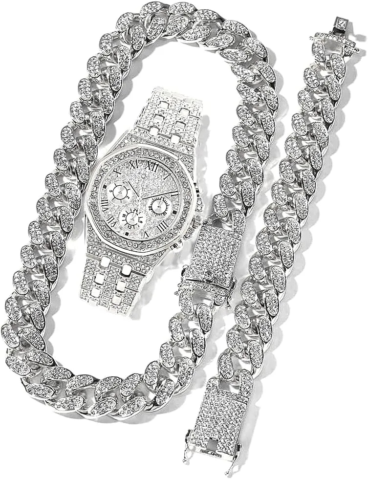 3PC Necklace Bracelet Watch Hip Hop Jewelry Set Iced Out Bling Cuban Link Chain Men's Watches Rock Rapper Diamond Club Rapper Jewelry Gold Chain Charm Choker