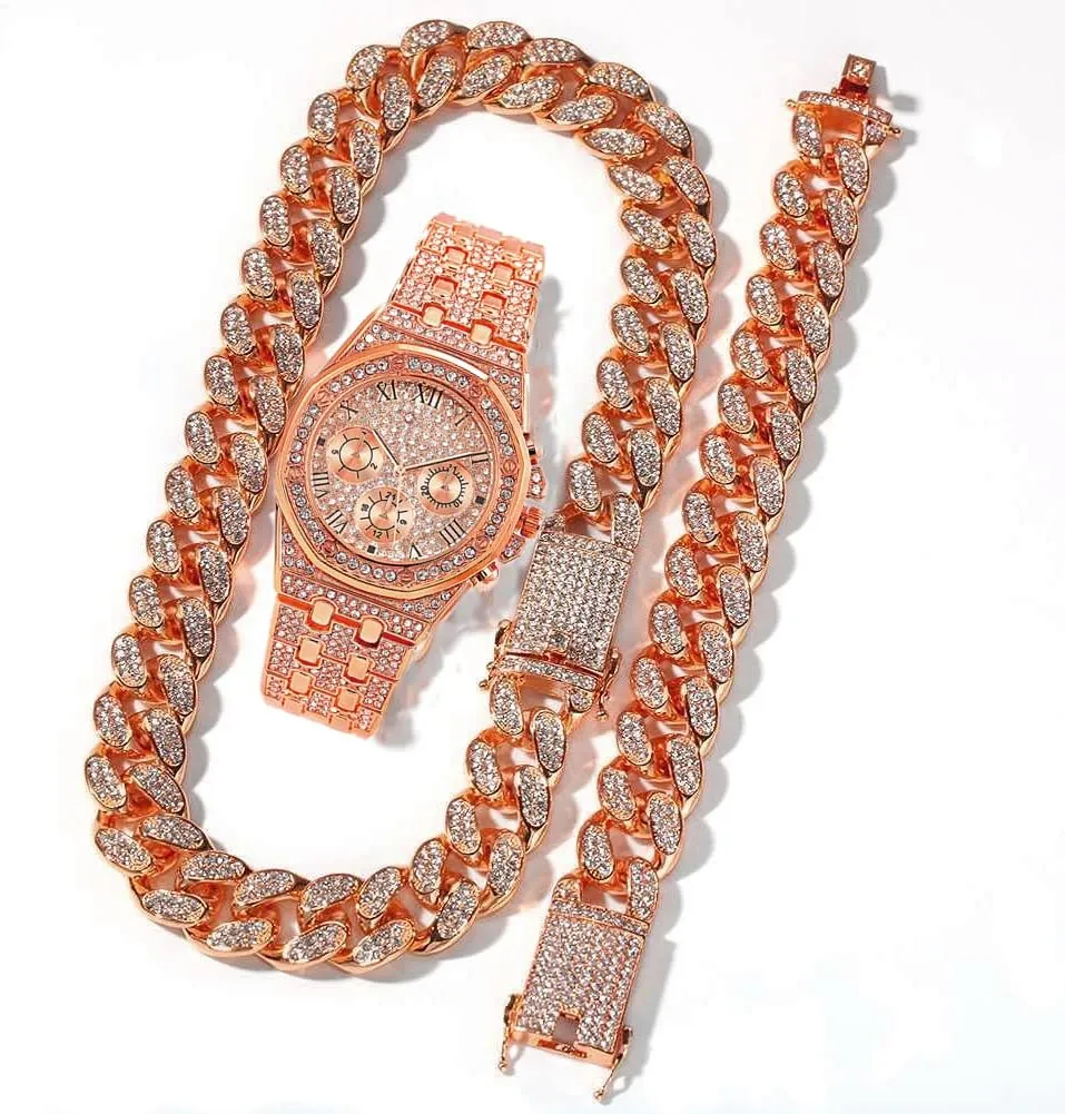 3PC Necklace Bracelet Watch Hip Hop Jewelry Set Iced Out Bling Cuban Link Chain Men's Watches Rock Rapper Diamond Club Rapper Jewelry Gold Chain Charm Choker