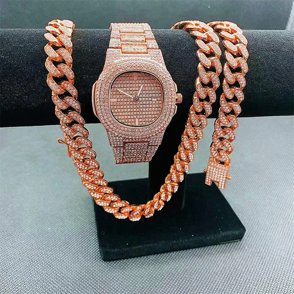 3PC Necklace Bracelet Watch Jewelry Set Iced Out Bling Bling Cuban Link Chain Men's Women Watches Hip Hop Rock Rapper Diamond Jewelry Gold Chain Choker