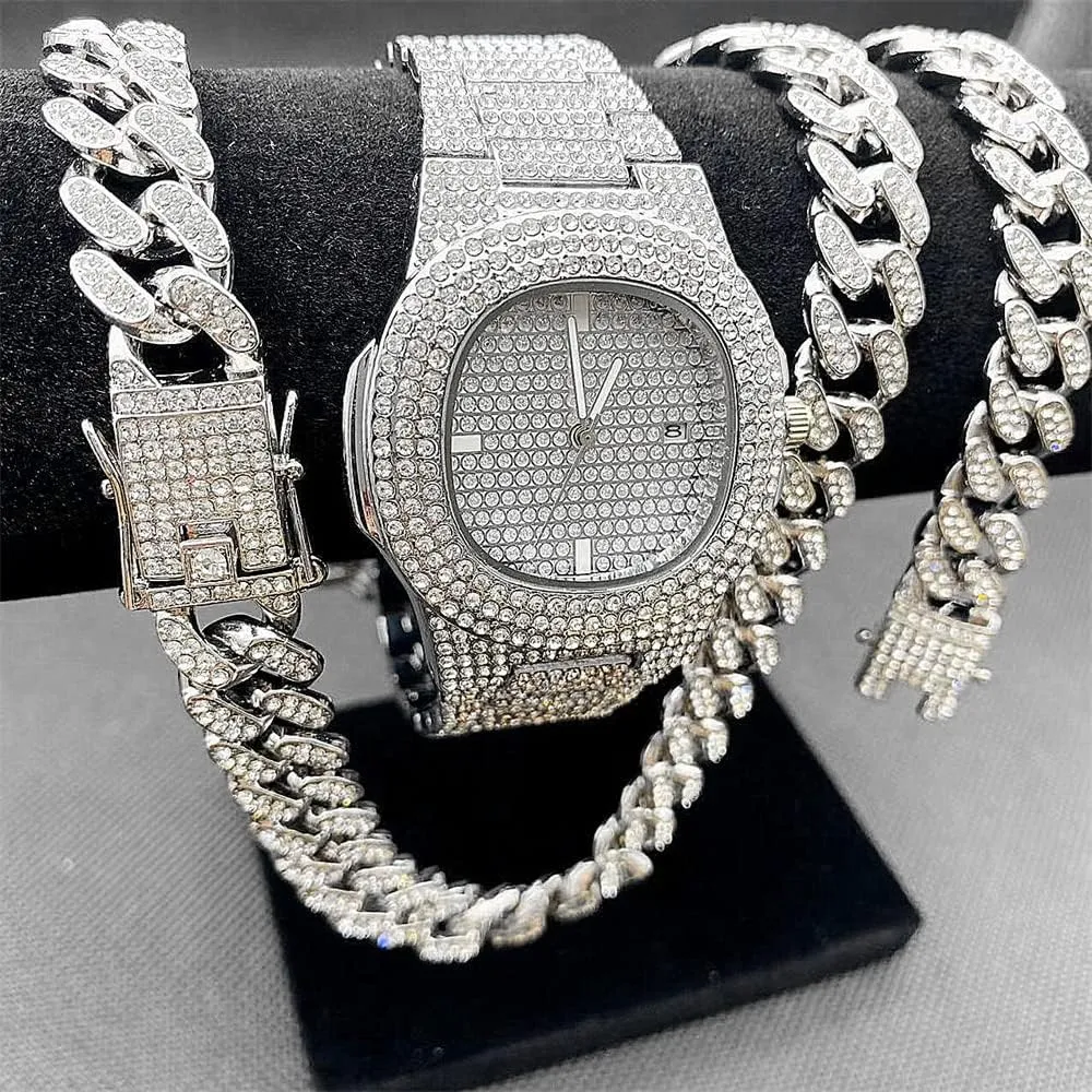 3PC Necklace Bracelet Watch Jewelry Set Iced Out Bling Bling Cuban Link Chain Men's Women Watches Hip Hop Rock Rapper Diamond Jewelry Gold Chain Choker