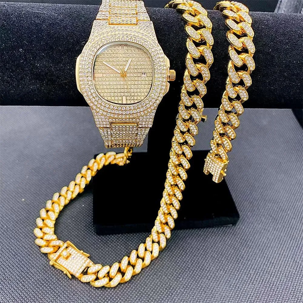 3PC Necklace Bracelet Watch Jewelry Set Iced Out Bling Bling Cuban Link Chain Men's Women Watches Hip Hop Rock Rapper Diamond Jewelry Gold Chain Choker