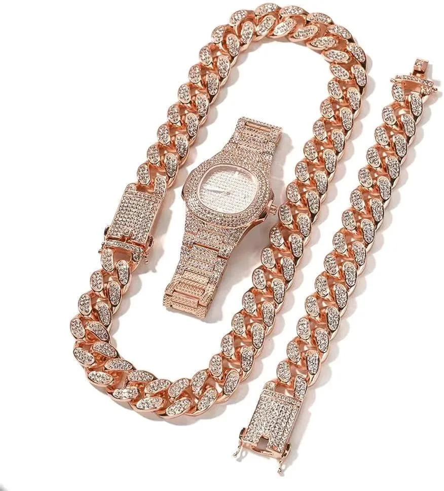 3PC Necklace Bracelet Watch Jewelry Set Iced Out Bling Bling Cuban Link Chain Men's Women Watches Hip Hop Rock Rapper Diamond Jewelry Gold Chain Choker