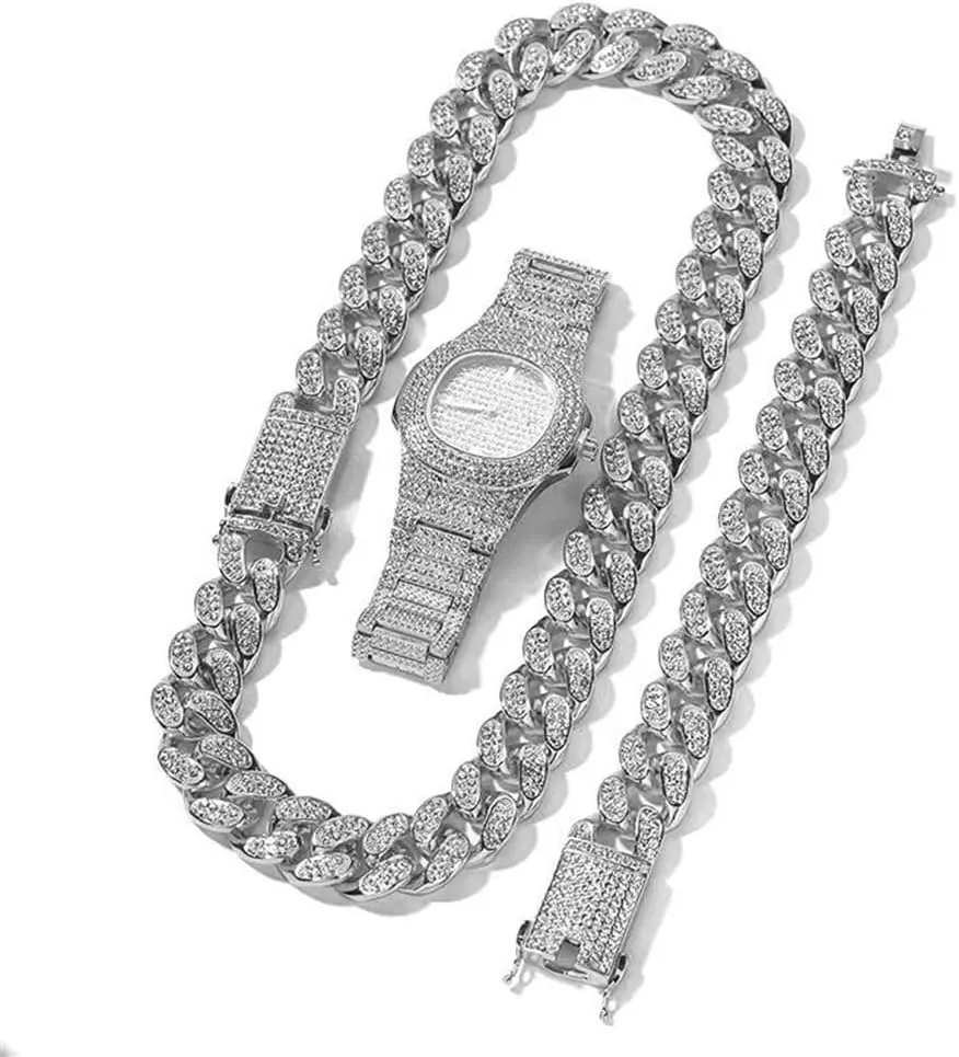 3PC Necklace Bracelet Watch Jewelry Set Iced Out Bling Bling Cuban Link Chain Men's Women Watches Hip Hop Rock Rapper Diamond Jewelry Gold Chain Choker