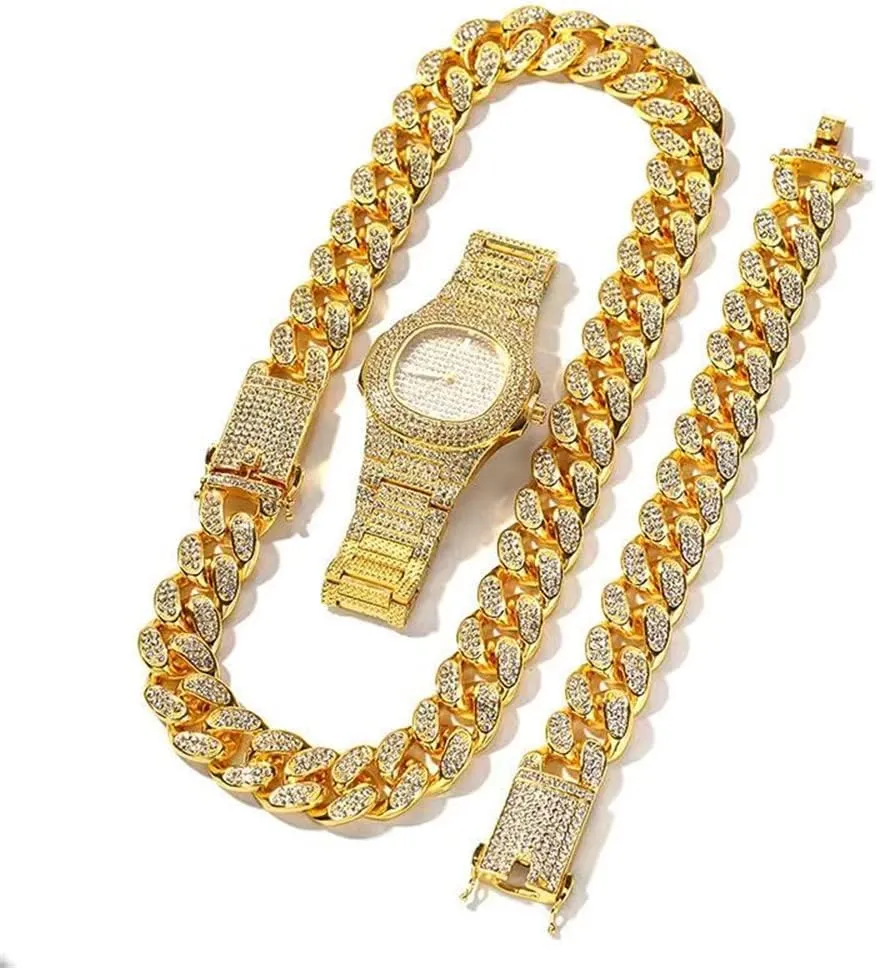 3PC Necklace Bracelet Watch Jewelry Set Iced Out Bling Bling Cuban Link Chain Men's Women Watches Hip Hop Rock Rapper Diamond Jewelry Gold Chain Choker