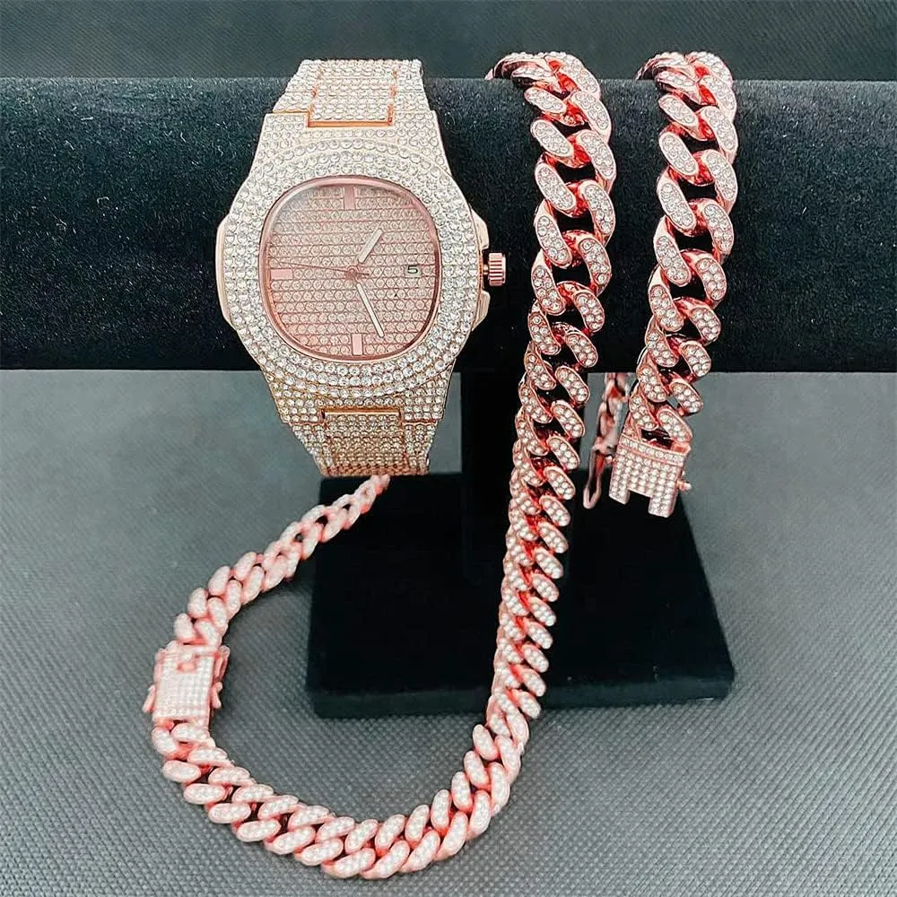 3PC Necklace Bracelet Watch Jewelry Set Iced Out Bling Bling Cuban Link Chain Men's Women Watches Hip Hop Rock Rapper Diamond Jewelry Gold Chain Choker