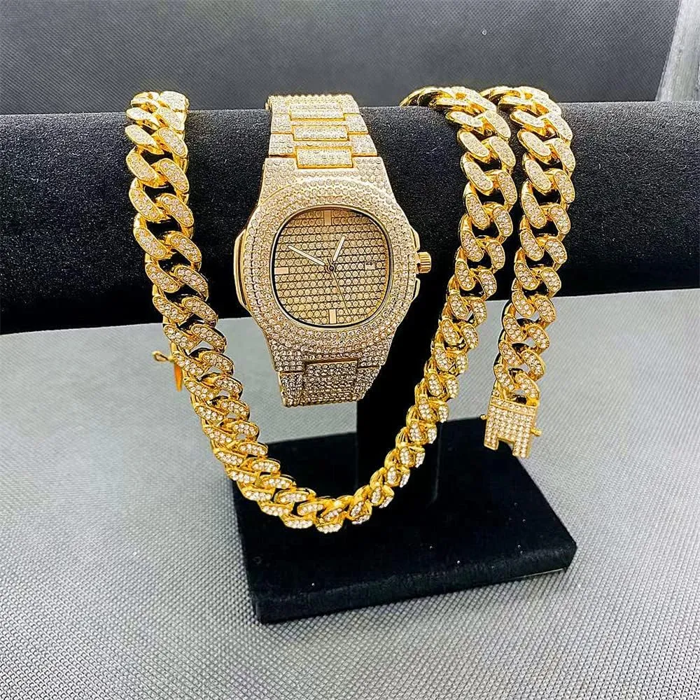 3PC Necklace Bracelet Watch Jewelry Set Iced Out Bling Bling Cuban Link Chain Men's Women Watches Hip Hop Rock Rapper Diamond Jewelry Gold Chain Choker
