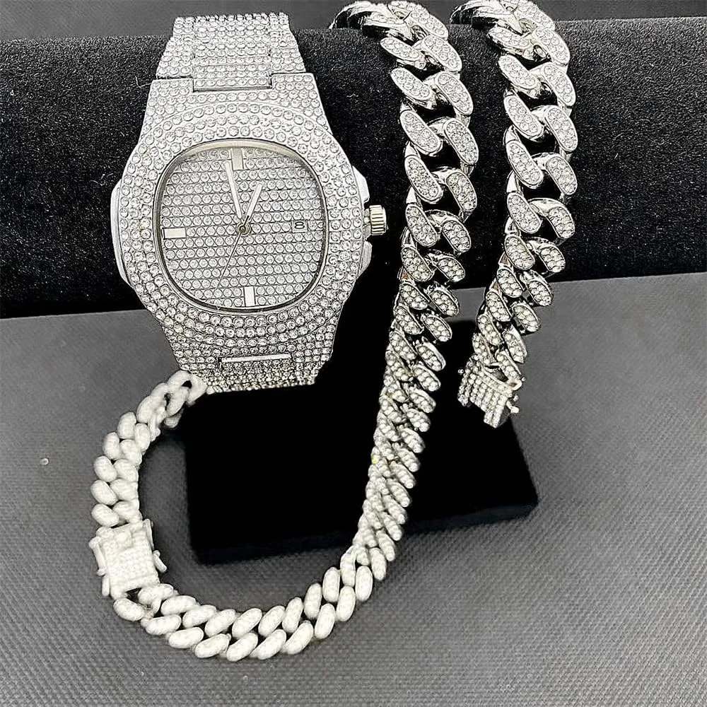3PC Necklace Bracelet Watch Jewelry Set Iced Out Bling Bling Cuban Link Chain Men's Women Watches Hip Hop Rock Rapper Diamond Jewelry Gold Chain Choker