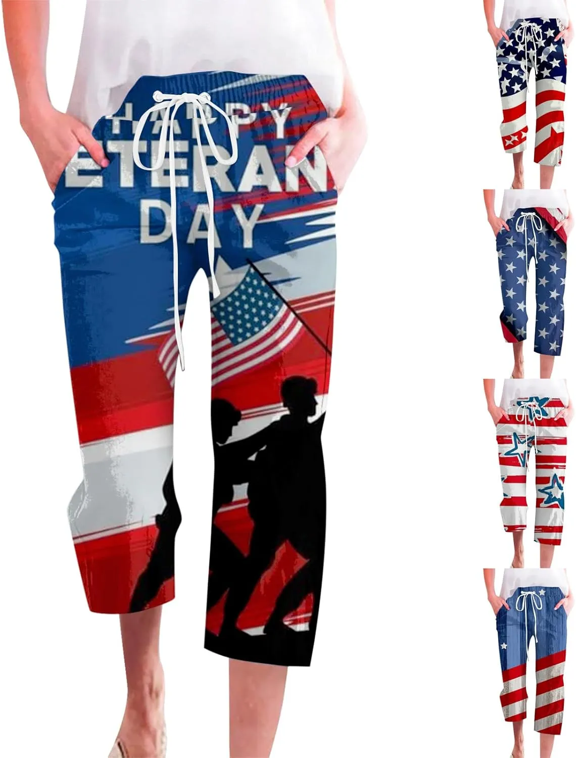 4th of July Linen Capri Pants for Women American Flag Casual Summer Capris Drawstring High Waist Cropped Trousers
