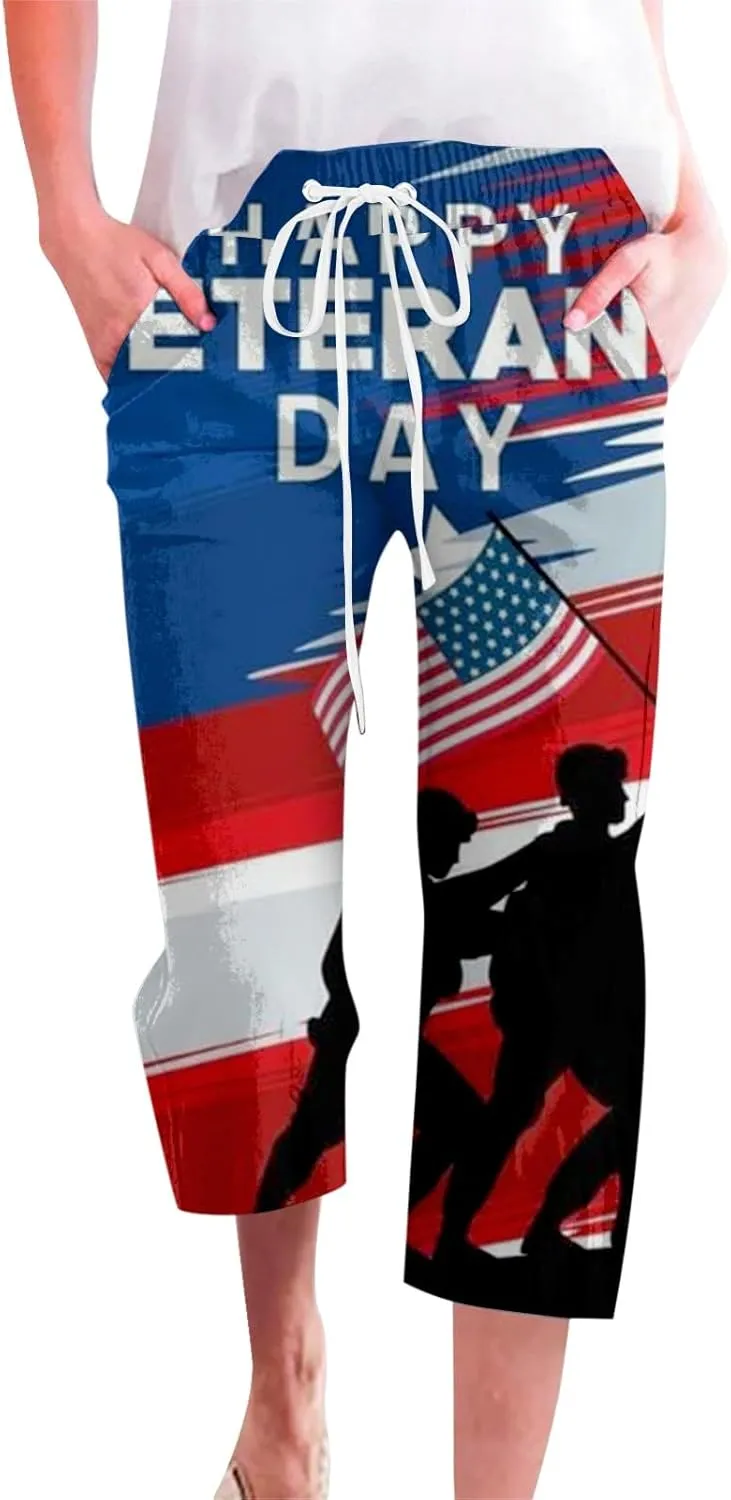 4th of July Linen Capri Pants for Women American Flag Casual Summer Capris Drawstring High Waist Cropped Trousers