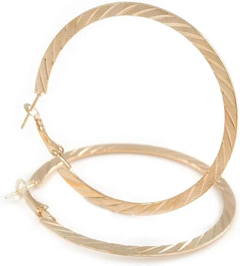 60mm Gold Tone Flat Etched Hoop Earrings