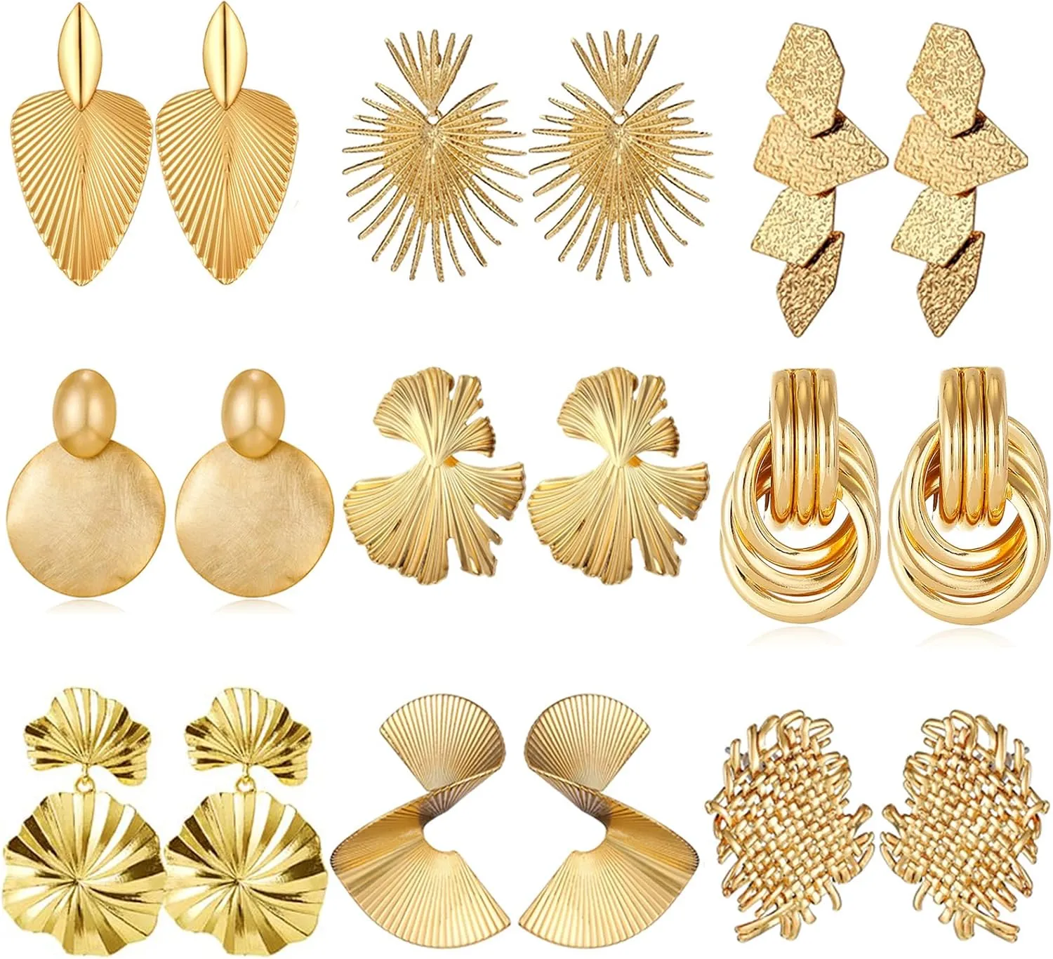 9 Pair Gold Earrings for Women Large Gold Disc Flower Woven Twisted Leaf Earring Statement Geometric Earrings Jewelry Christmas Gifts