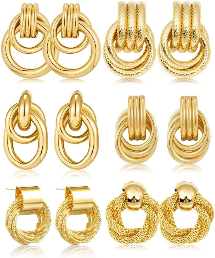 9 Pairs Gold Dangle Hoop Earrings Round Hammered Earrings for Women,Statement RetroGeometric Drop Earrings Multiple Styles Jewelry